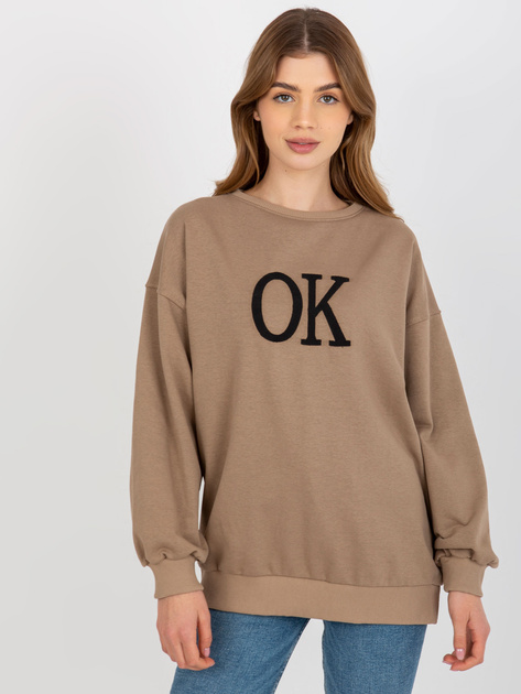 Hurtownia Ciemnobeżowa luźna bluza bez kaptura z napisem