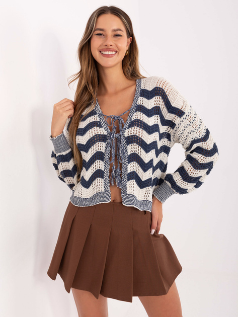 Ecru-granatowy ażurowy sweter z wiązaniami RUE PARIS