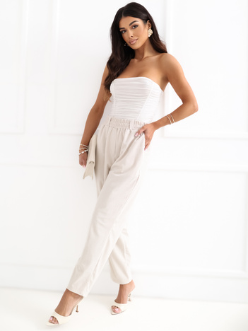 Jasnobeżowe sztruksowe spodnie z kieszeniami RUE PARIS