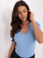 Light blue striped short-sleeved sweater.