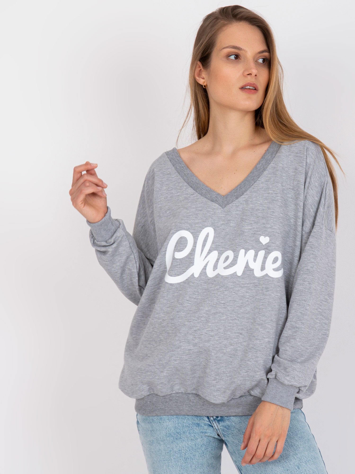 Grey and white oversize sweatshirt with print and V-neck 