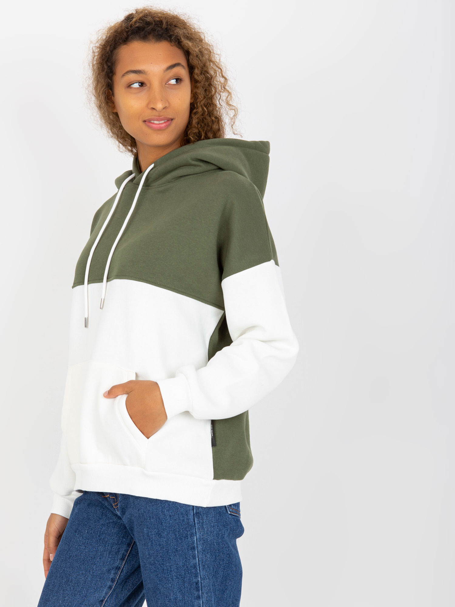 Khaki-ecru dresowa bluza basic kangurka RUE PARIS