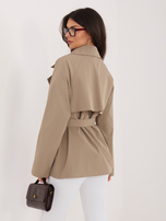 Ciemnobeżowy dwurzędowy płaszcz z paskiem RUE PARIS 