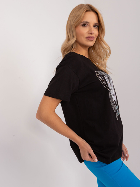 Hurtownia online Czarny luźny t-shirt damski z dżetami