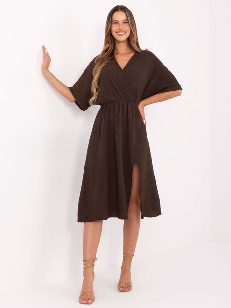 Ciemnobrązowa muślinowa sukienka z kopertowym dekoltem