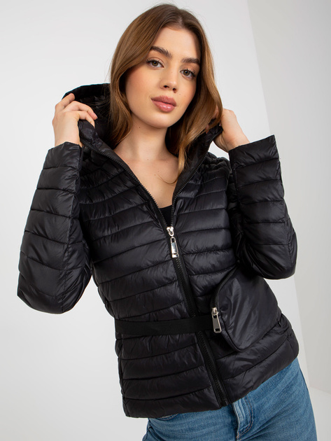 Hurt Czarna przejściowa kurtka pikowana z torebką i kapturem