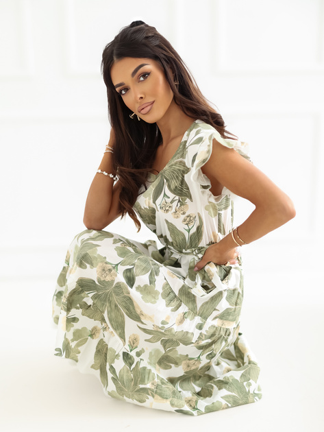 Zielona midi sukienka z roślinnym wzorem