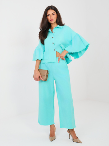 Turkusowe jeansy wide leg bez zapięcia