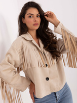 Beige Cowboyjacke mit Knöpfen.