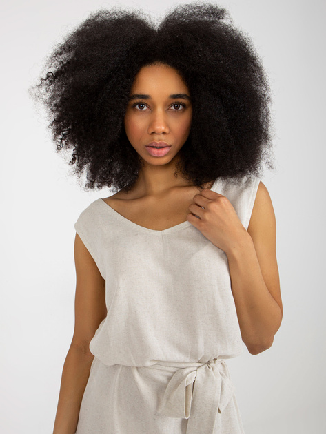 Hurtownia Jasnobeżowa letnia sukienka z lnem RUE PARIS