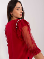 Hurt Bordowa bluzka wizytowa z rękawami z siateczki