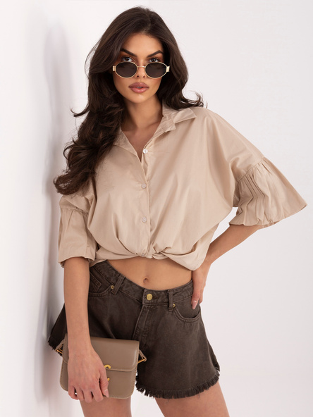 Beżowa damska koszula z rozkloszowanymi rękawami