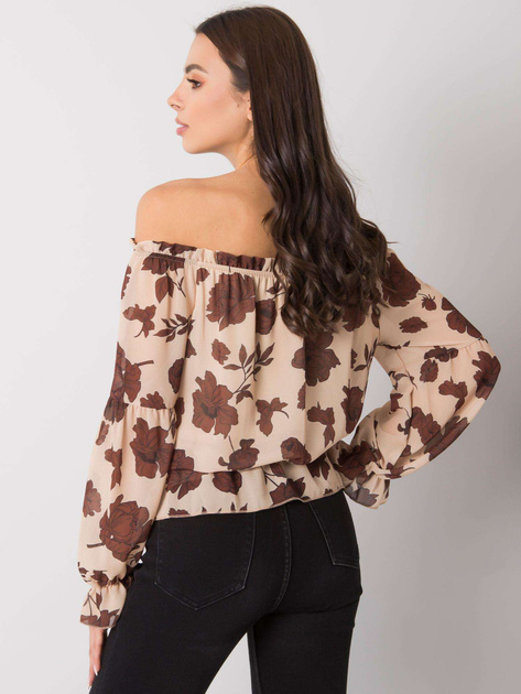 Beżowo-brązowa bluzka hiszpanka w kwiaty Orlean