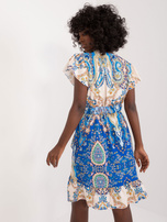 Hurt Niebiesko-beżowa wzorzysta sukienka z falbaną