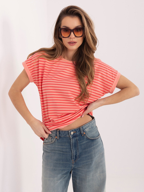 Brzoskwiniowo-czerwony bawełniany t-shirt w paski