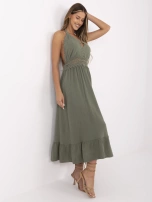 Khaki lange Boho-Kleid aus Musselin.