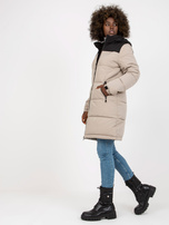 Hurt Jasnoszaro-czarna długa kurtka zimowa z kapturem 