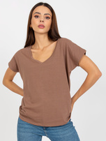 Hurt Brązowy t-shirt basic z dekoltem w serek