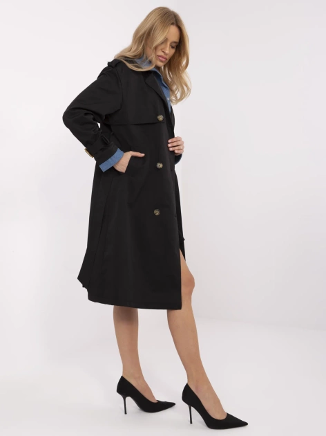 Czarny damski trencz z jeansową wstawką