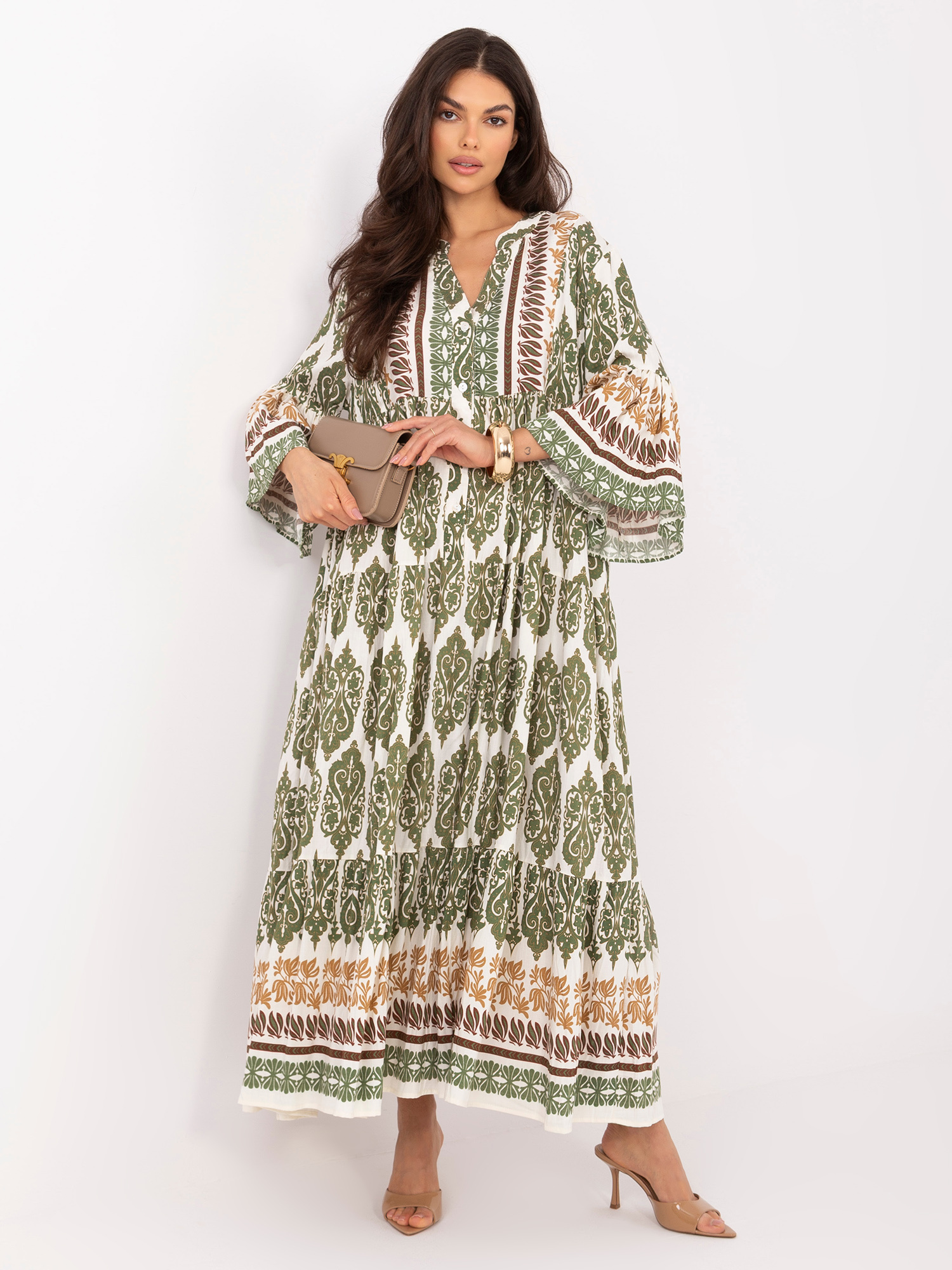 Khaki maxi sukienka z rozkloszowanymi rękawami