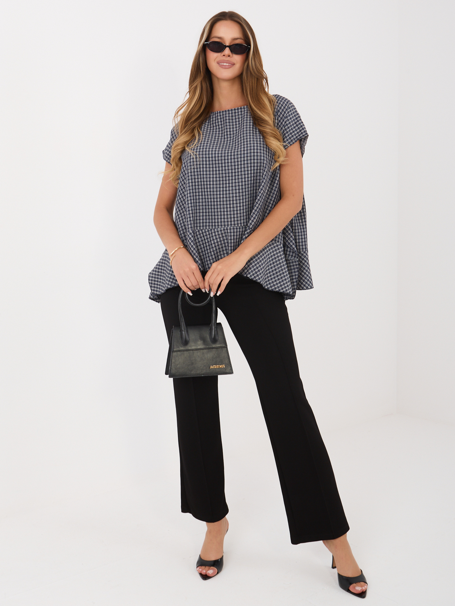 Granatowa letnia bluzka w kratkę