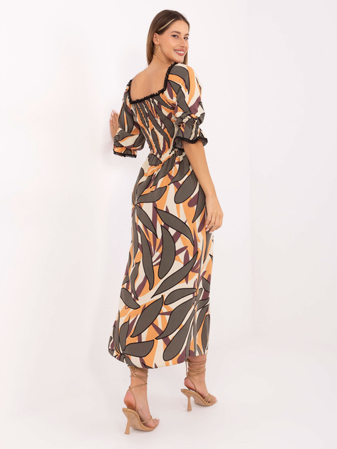 Beżowo-pomarańczowa midi sukienka z rozcięciem