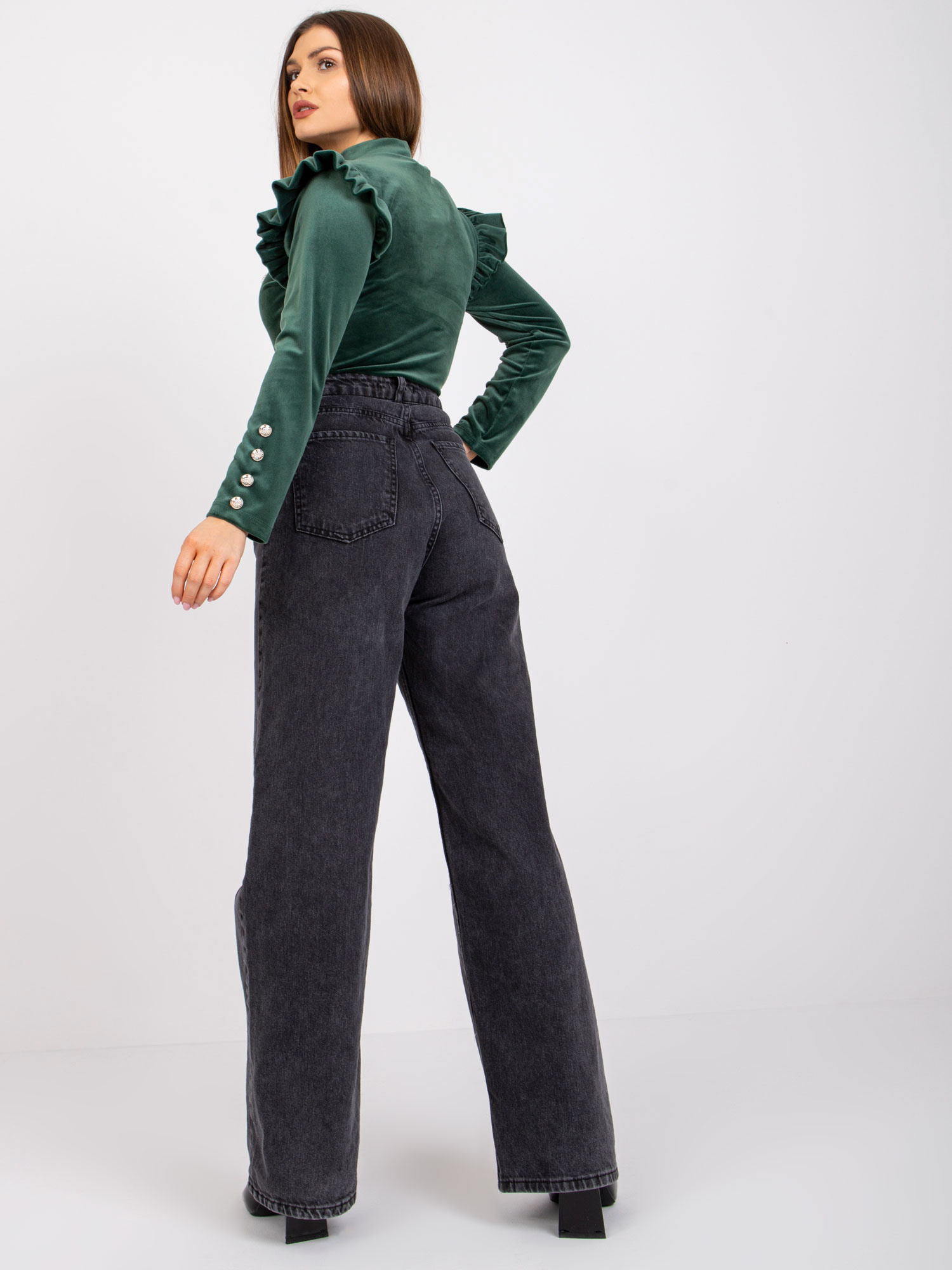 Dark green velor blouse with frills Capri