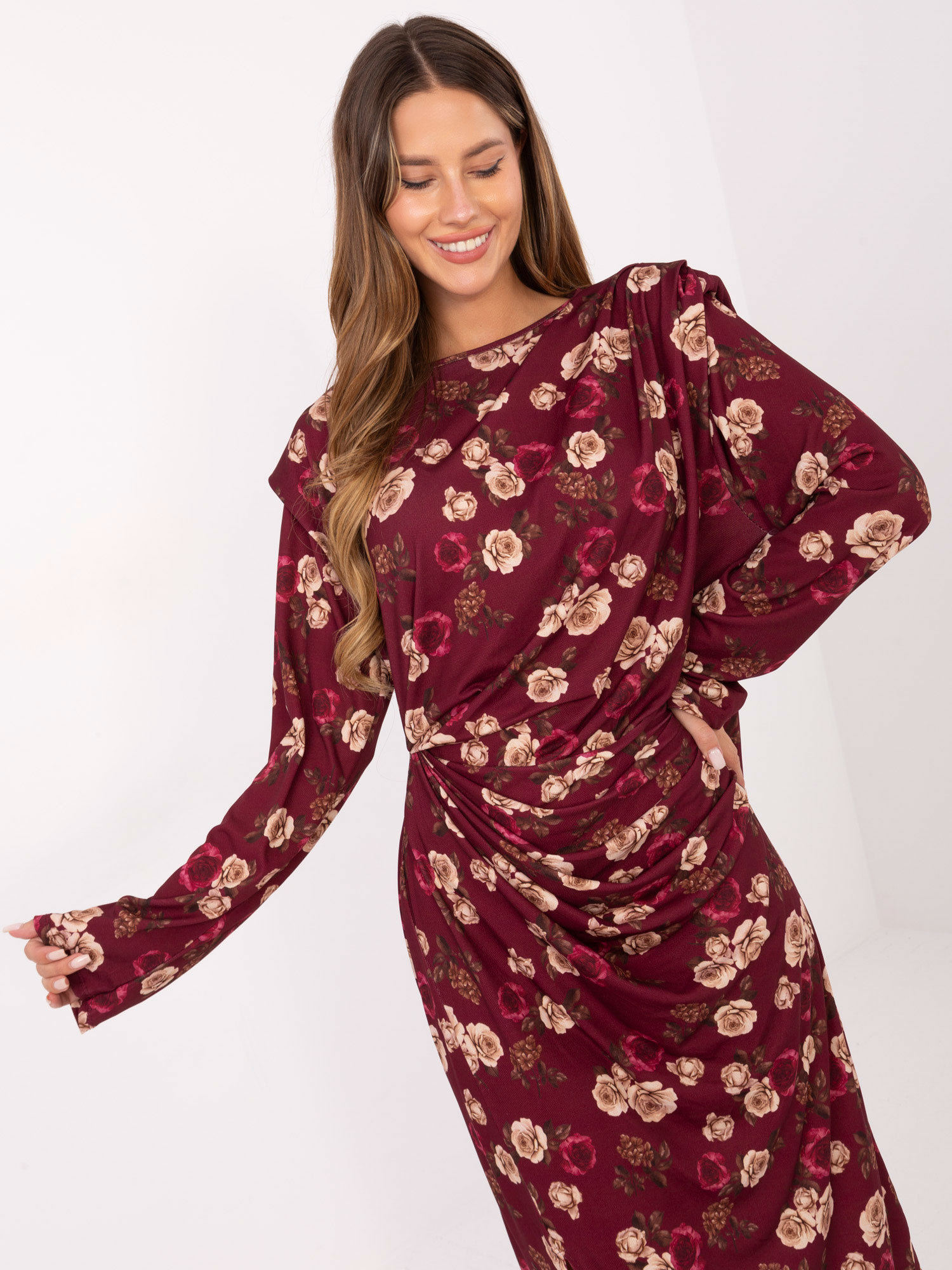 Bordová midi šaty s rozparkem RUE PARIS.