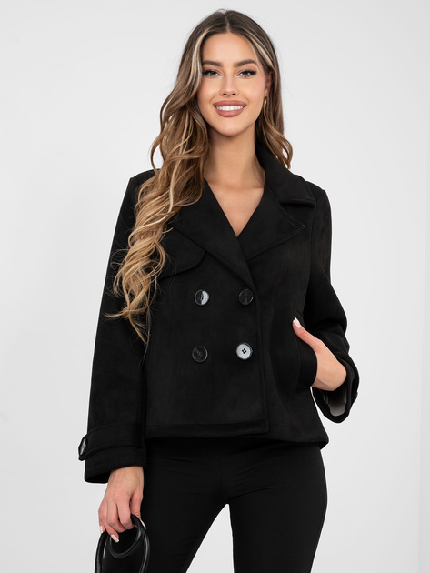 Czarny dwurzędowy płaszcz z paskami na rękawach