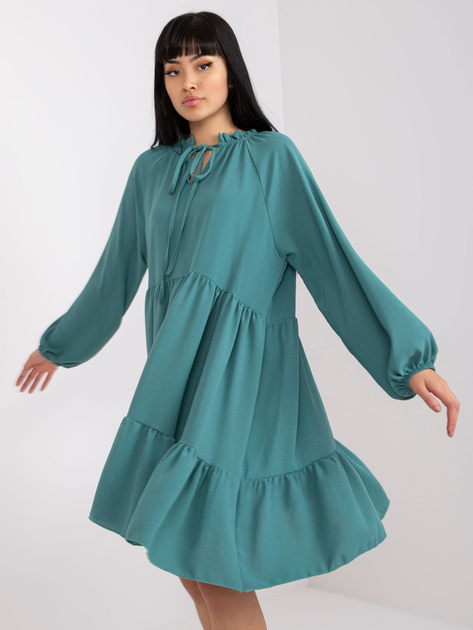 Morska sukienka z falbaną i długim rękawem