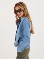 Blue denim jacket with a round neckline.