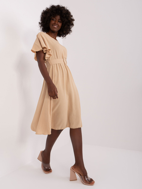 Hurtownia Beżowa sukienka na co dzień z okrągłym dekoltem