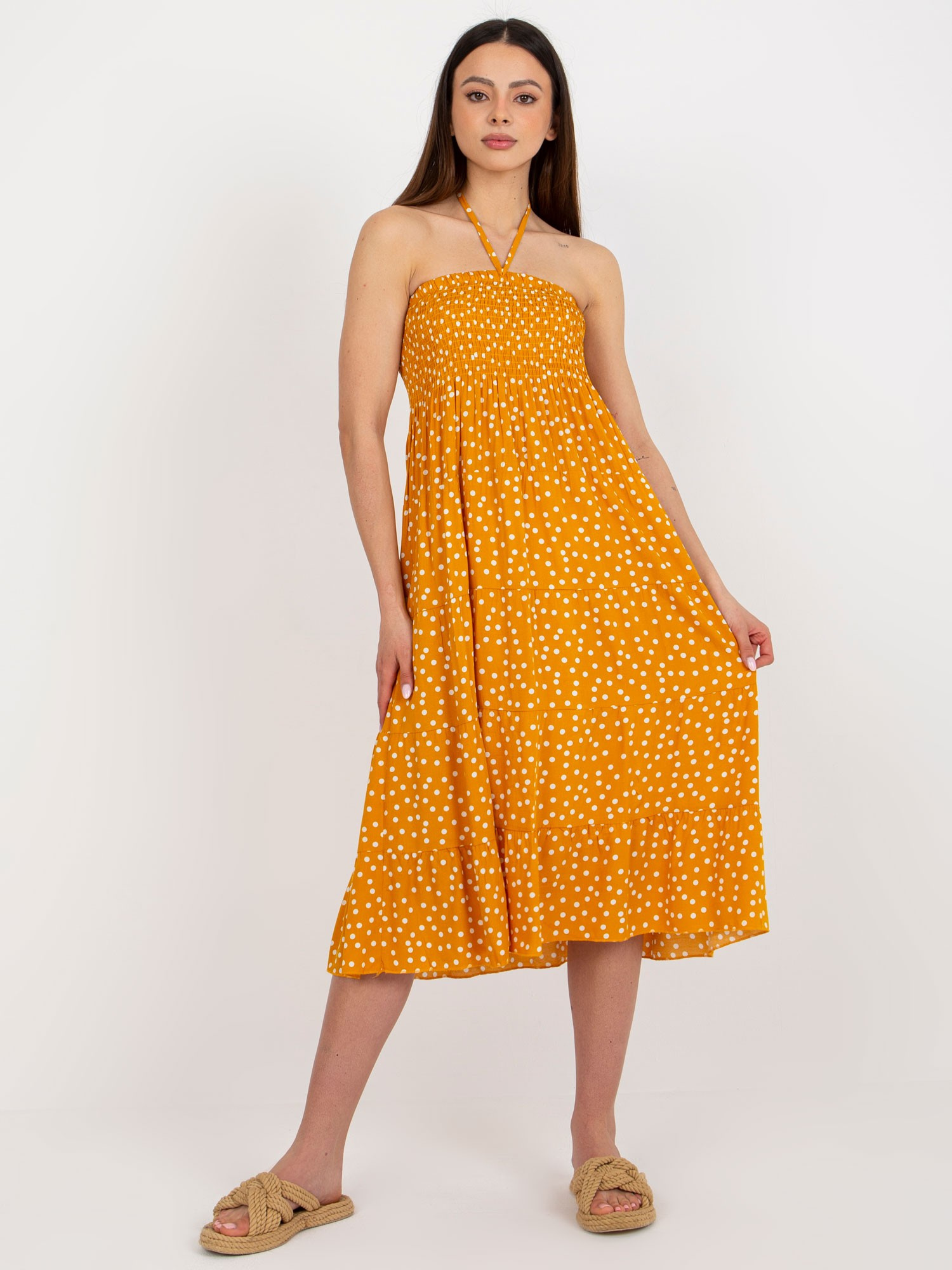 Wholesale Yellow midi dress with polka dots and frill.