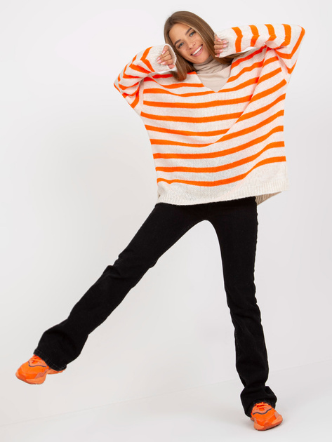 Hurt Biało-pomarańczowy sweter oversize z dekoltem V OCH BELLA