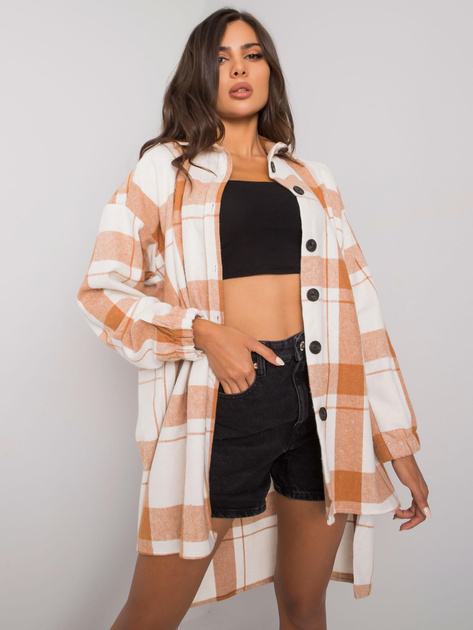 Camelowo-ecru długa koszula w kratę Amerie