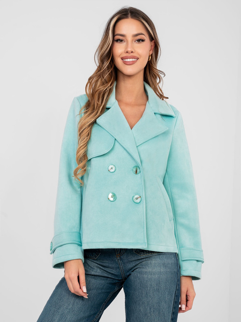 Pastelowy miętowy dwurzędowy płaszcz z paskami na rękawach