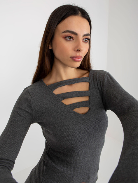 Hurt Ciemnoszara bluzka w prążek z wycięciami przy dekolcie