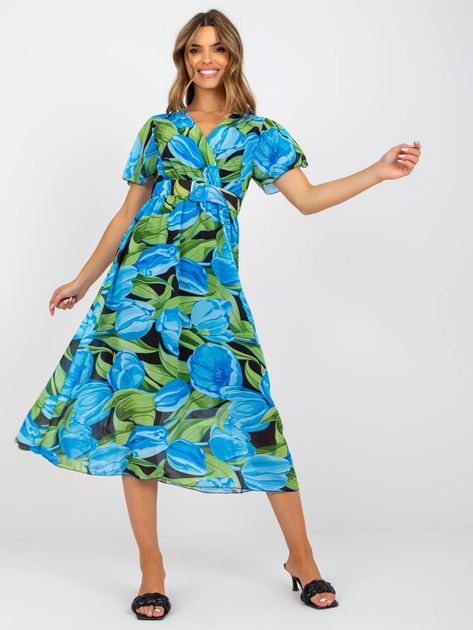 Niebiesko-czarna wzorzysta sukienka midi z paskiem