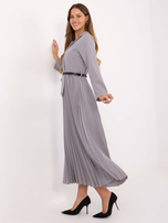 Gray flared dress with a decorative button.