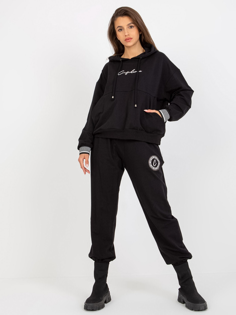 HurtCzarny luźny komplet dresowy z bluzą z aplikacją