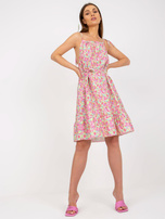 Zielono-różowa letnia sukienka z falbaną na ramiączkach RUE PARIS