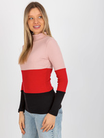 Hurt Jasnoróżowo-czarna bluzka basic z golfem w prążek