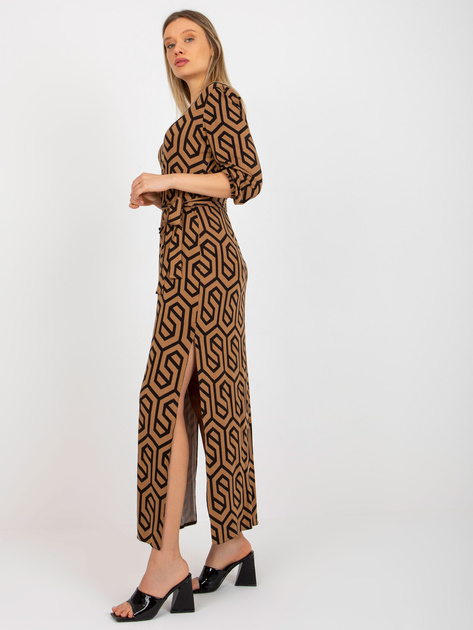 Hurt Camelowo-czarna midi sukienka z printami z wiskozy