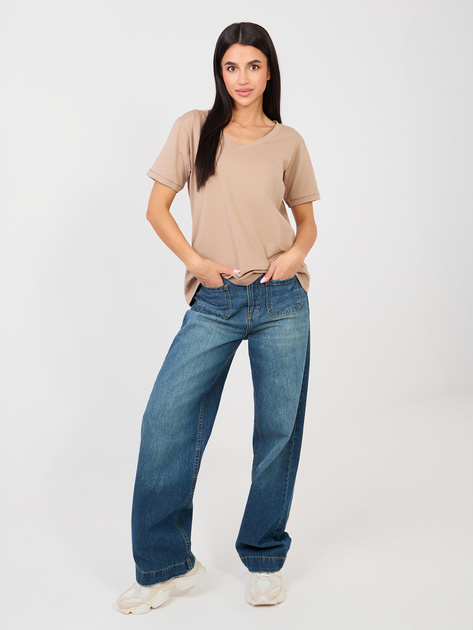 Ciemnobeżowy t-shirt basic z dekoltem V RUE PARIS