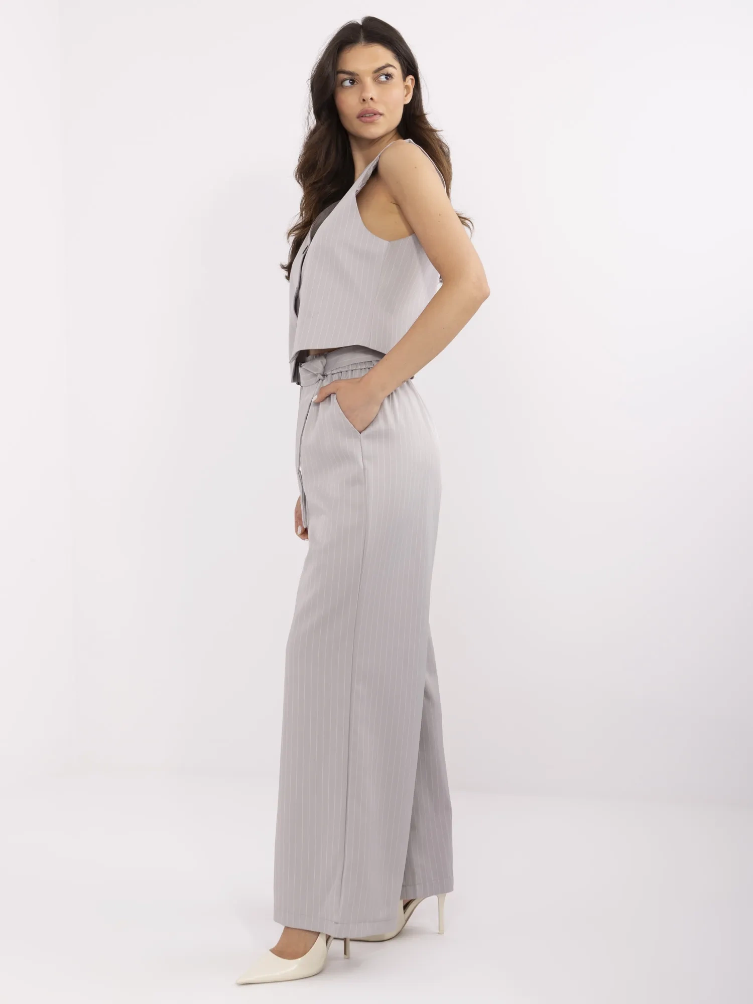 Gray striped women's suit set.
