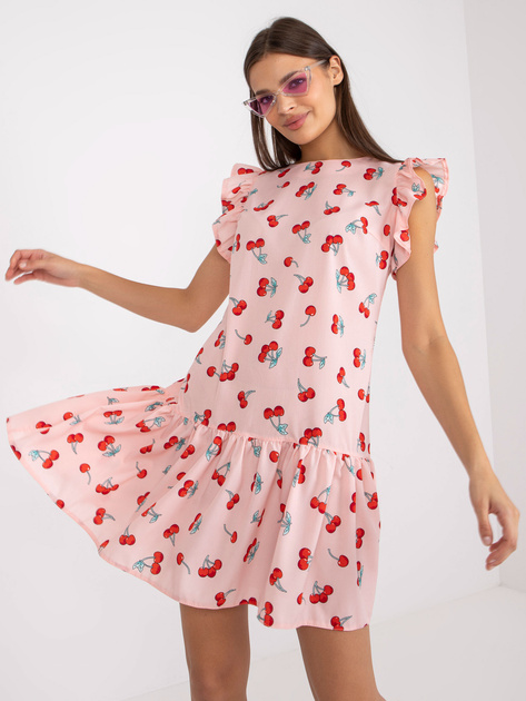 Jasnoróżowa mini sukienka z printami i krótkim rękawem Cherry