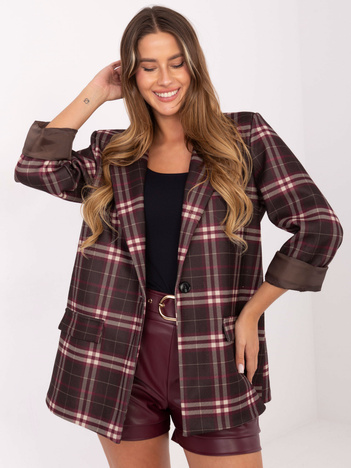 Brązowo-bordowa marynarka z poduszkami na ramionach