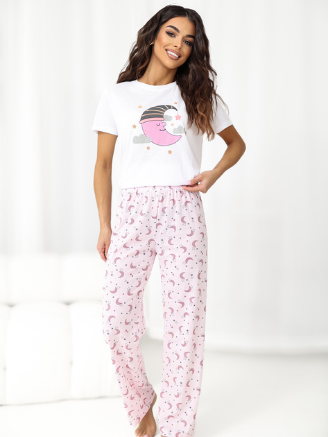 Ecru-różowa damska piżama z t-shirtem