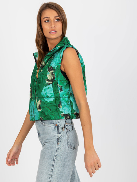 Hurtownia Zielona krótka kamizelka w kwiaty z pikowaniem