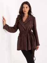 Ciemnobrązowa zamszowa marynarka z marszczeniem w talii RUE PARIS 